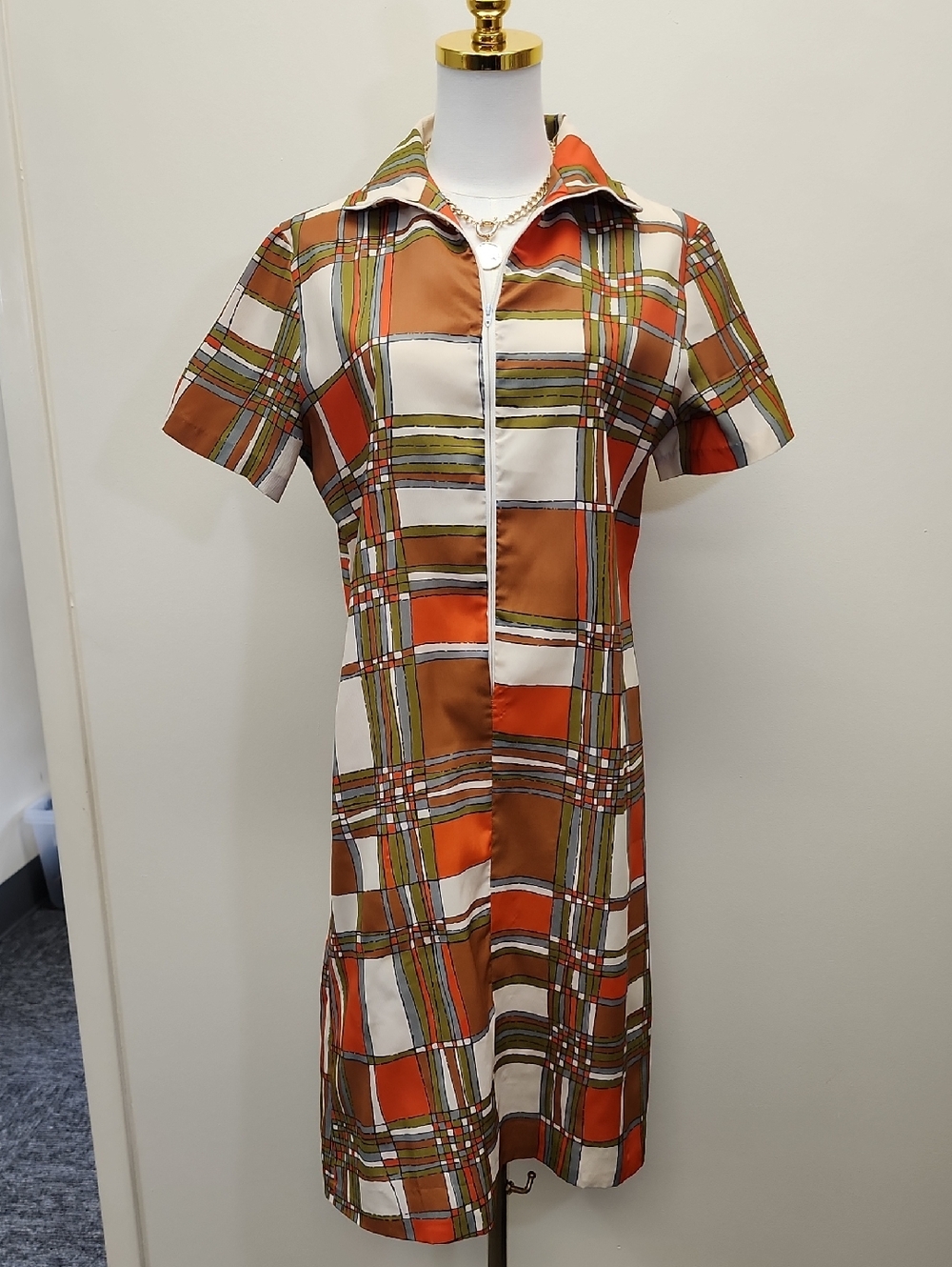 Fritzi Vintage Plaid Shirt Dress Orange Zip Front Size Medium